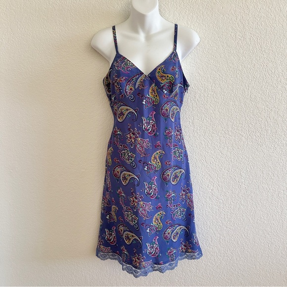 Express Dresses & Skirts - Express Blue Periwinkle Purple Paisley Print Retro Vintage Slip Lace Midi Dress